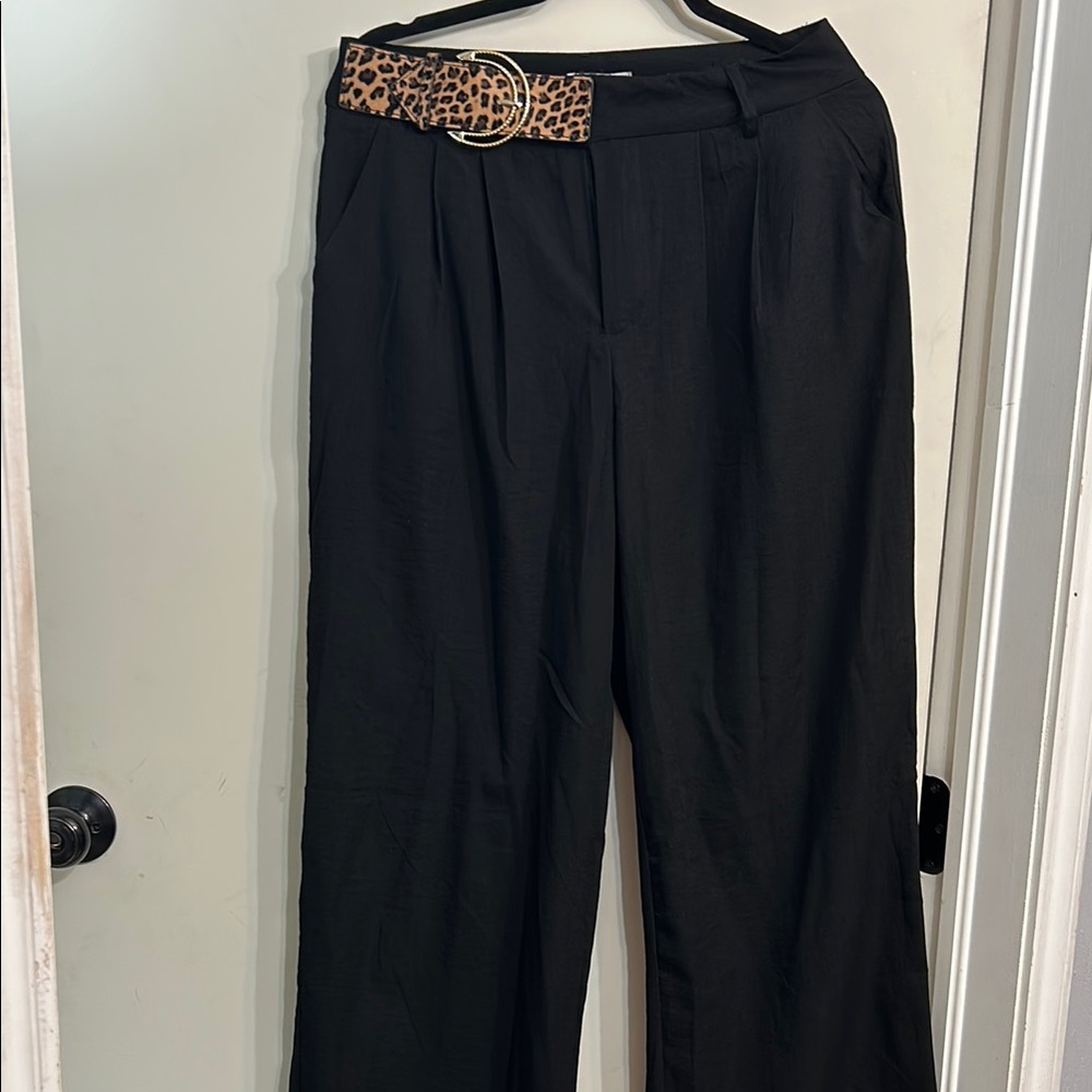 Black Wide-Leg Pants with Leopard Print Belt